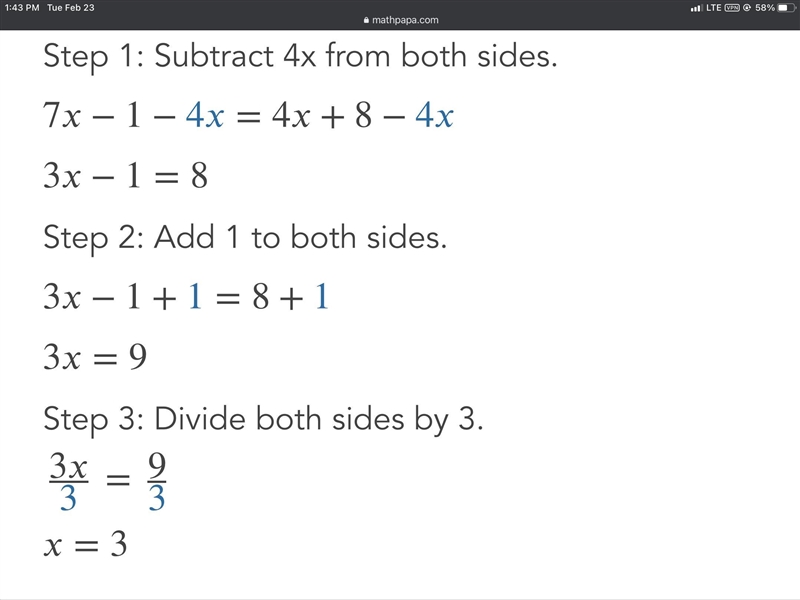 7x - 1 = 4x + 8 And explanation-example-1