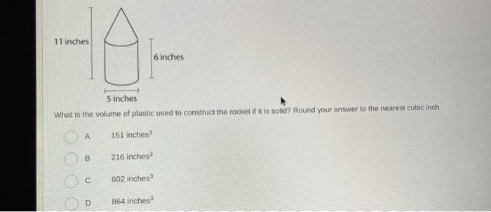 What is the volume of plastic used to construct the rocket if it is a solid? Round-example-1