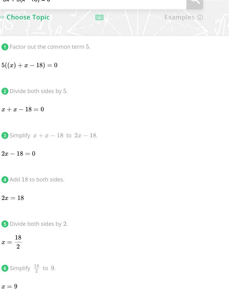 5x + 5(x - 18) = 0 what is x-example-1