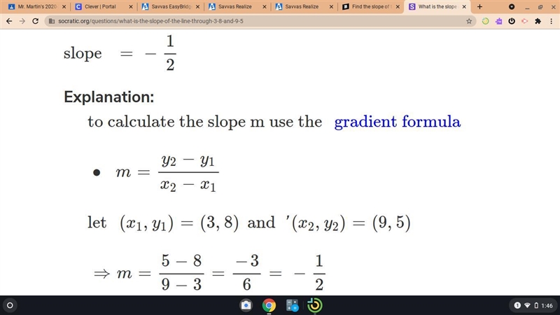 Find the slope of the line that passes through (3, 8) and (5, 9).-example-1