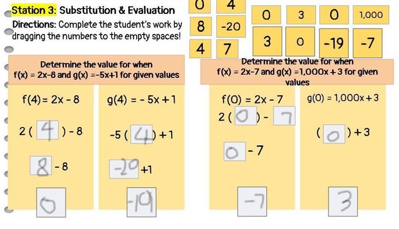 (PLEASE HELP) Substitution and Evaluation, Complete the students work by dragging-example-1