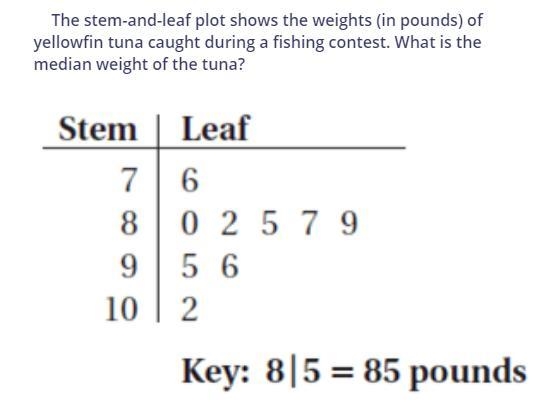 The stem-and-leaf plot shows the weights (in pounds) of yellowfin tuna caught during-example-1