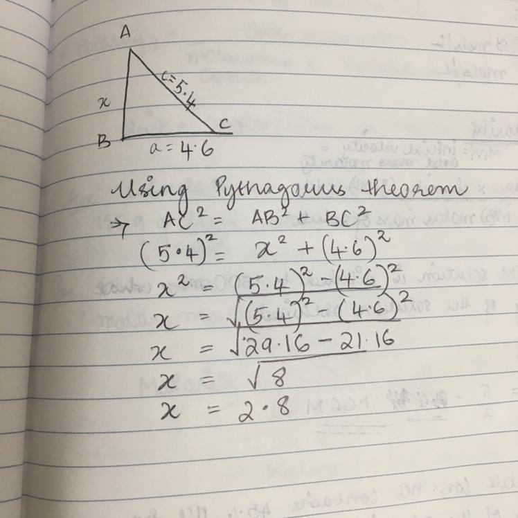 A right triangle has a leg of length a=4.6 in and hypotenuse of length c= 5.4 inFind-example-1