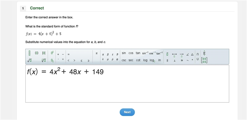 Enter the correct answer in the box. What is the standard form of function f? f(x-example-1