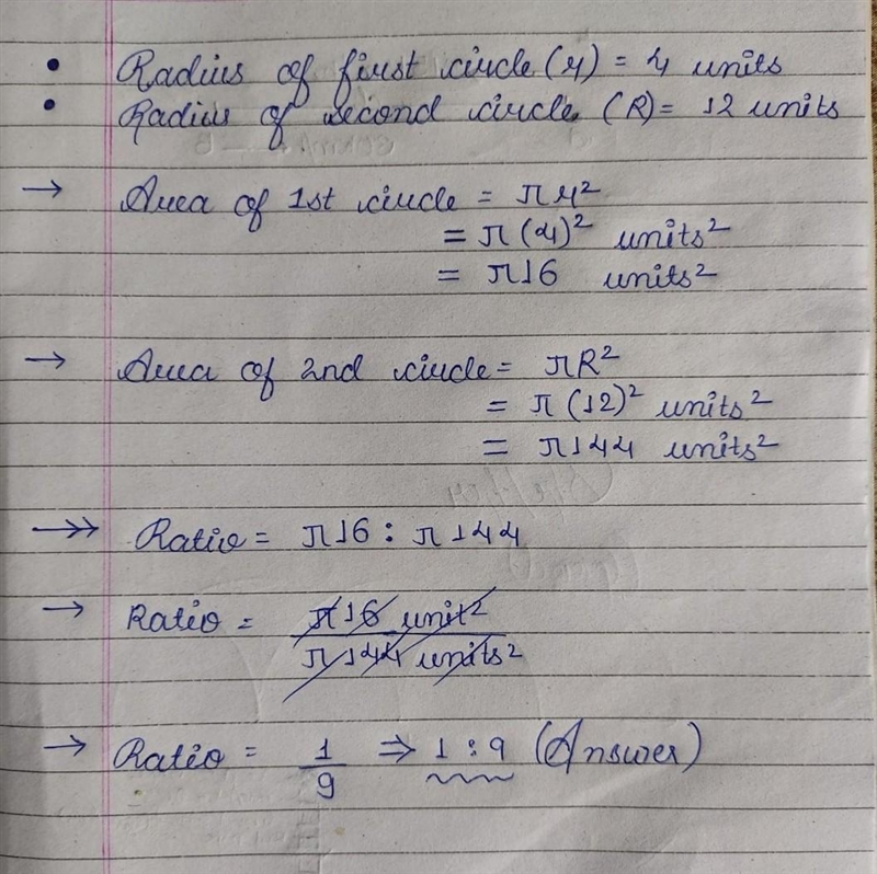 Find the ratio of the areas of two circles with radii 4 and 12-example-1