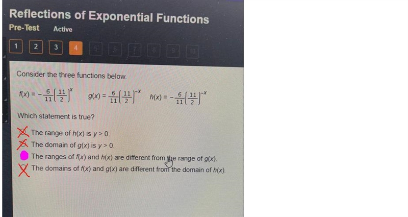 Which statement is true? The range of h(x) is y> 0. The domain of g(x) is y&gt-example-1