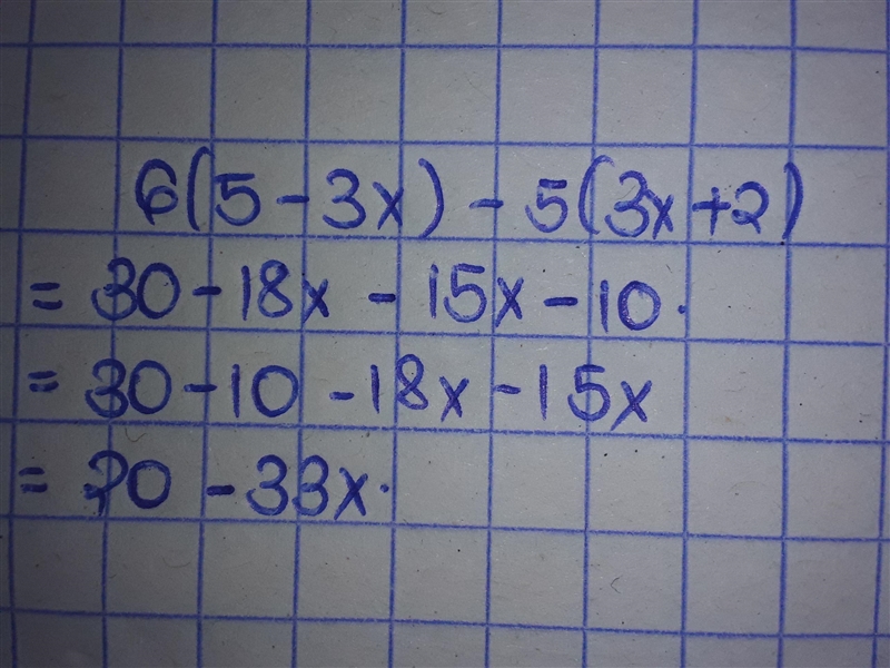 Simplify the following expression: 6(5 - 3x) - 5(3x + 2) �� 20 - 33x �� 40 + 33x �� 20 + 33x-example-1