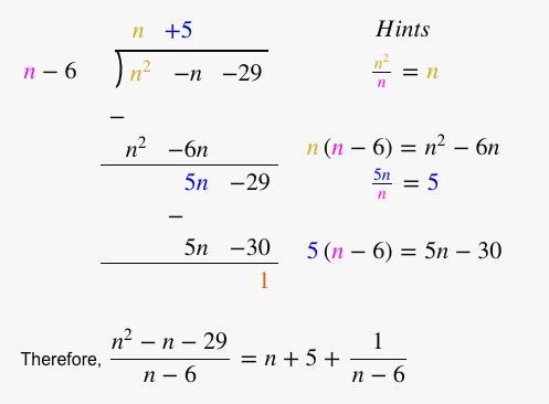 How do you divide (n^2-n-29)/(n-6) ??-example-1