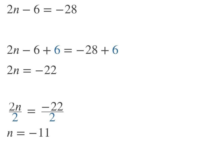 What does 2n - 6 =-28 mean-example-1