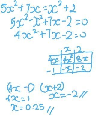 Solve this quadratic by factoring 5x^2+7x=x^2+2 pls show work and how to do it! thank-example-1