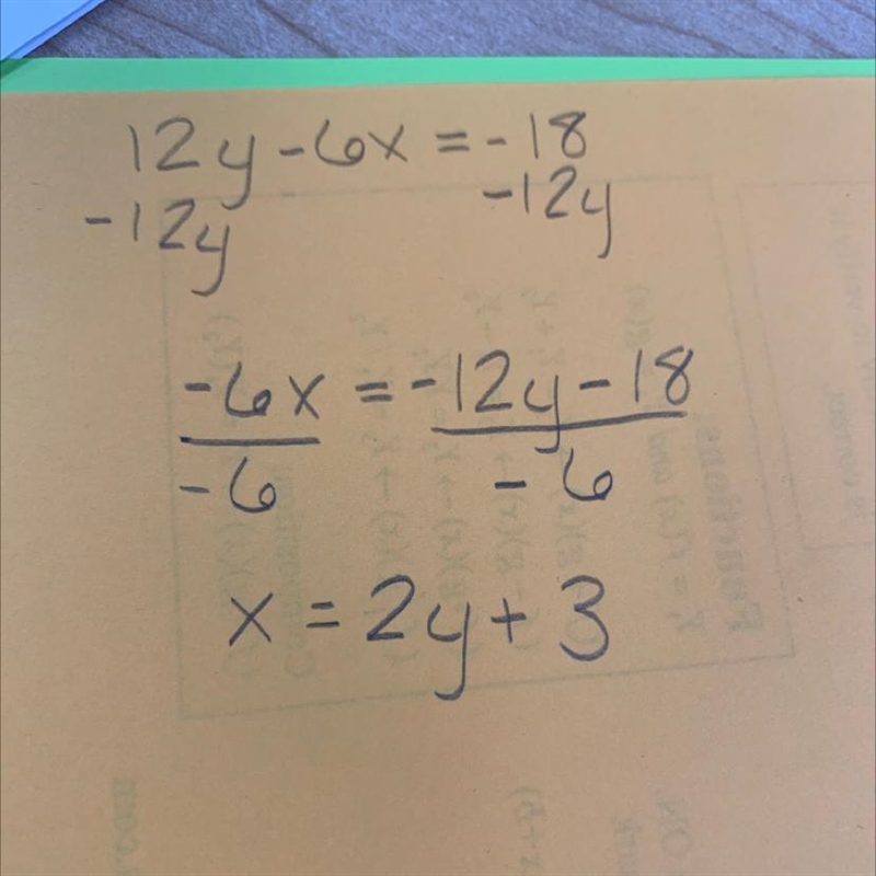 12y-6x=-18 Solve equation for x variable-example-1