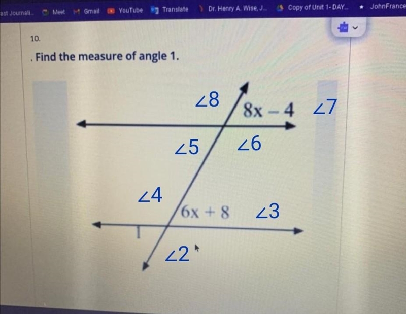 10. Find the measure of angle 1. 8x - 4 16x + 8-example-1