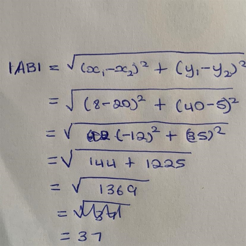 What is the distance between two points with coordinates at (8, 40) and (20, 5)? A-example-1