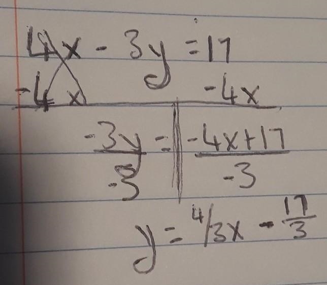 Determine the intercepts of the line. 4x – 3y = 17 y-intercept: (S, O x-intercept-example-1