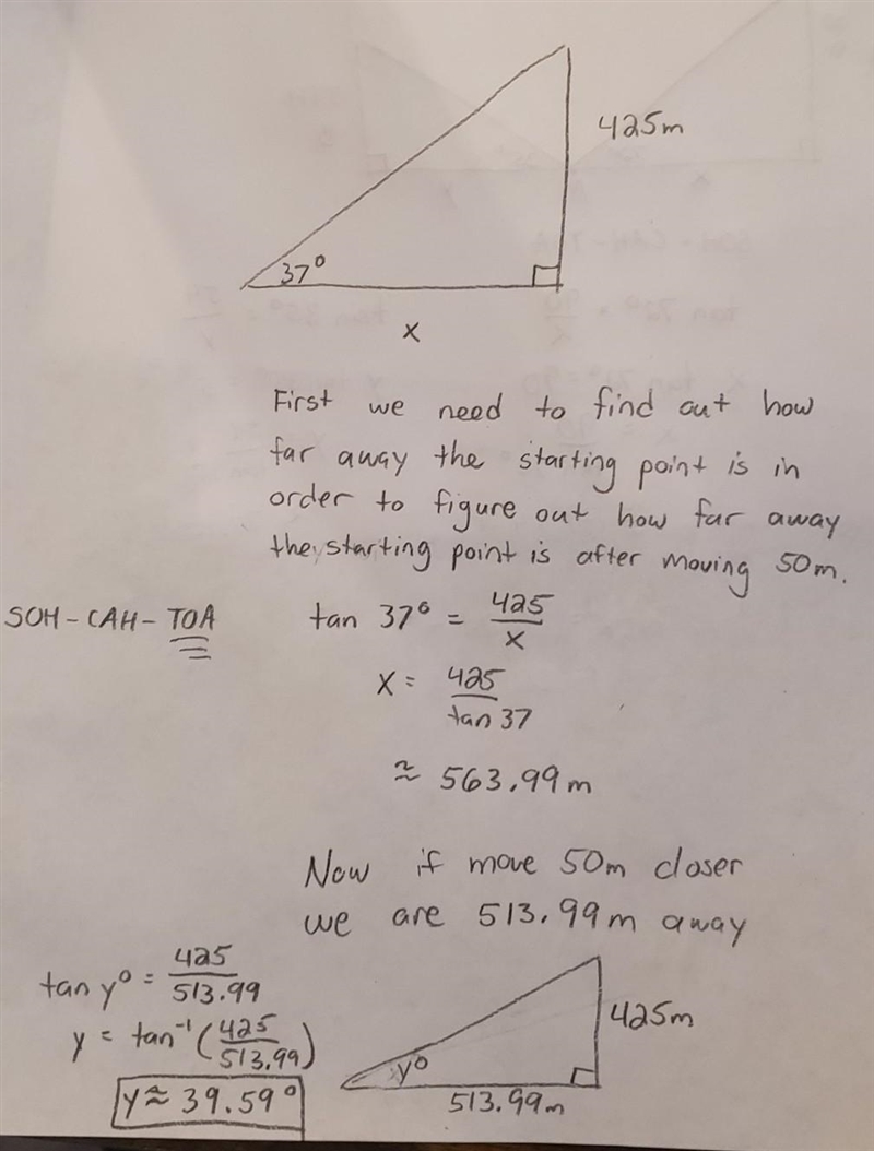 44 The angle of elevation of the top of a 425 m high building is 37°. Find the angle-example-1