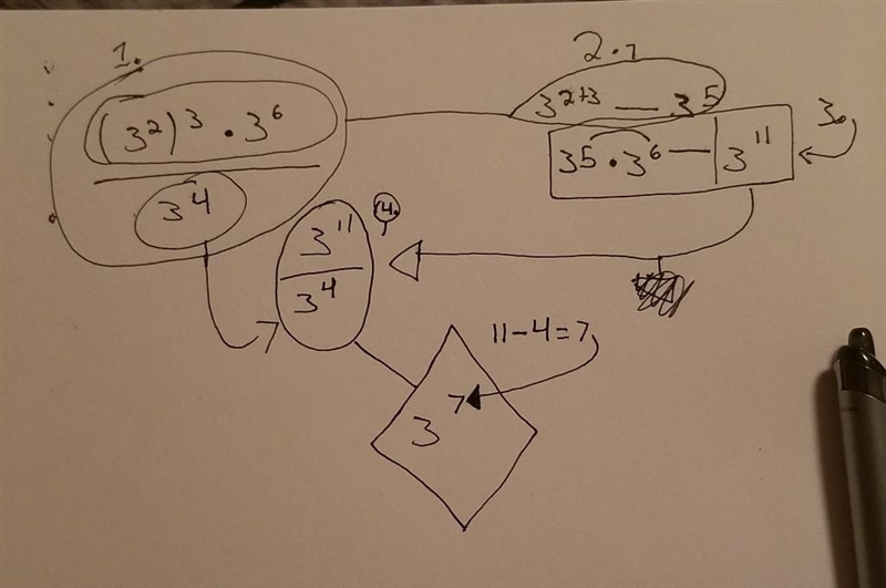 An expression is given (3^2)^3•3^6/3^4 the rest of the question is in the picture-example-1