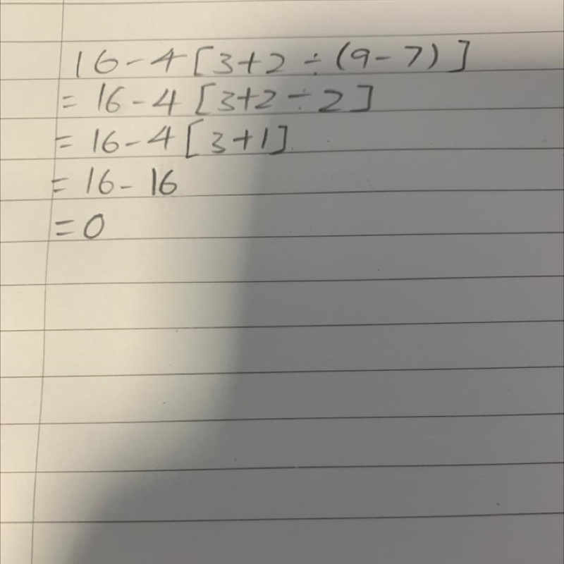 Simplify the expression 16-4[3+2÷(9-7)] ​-example-1