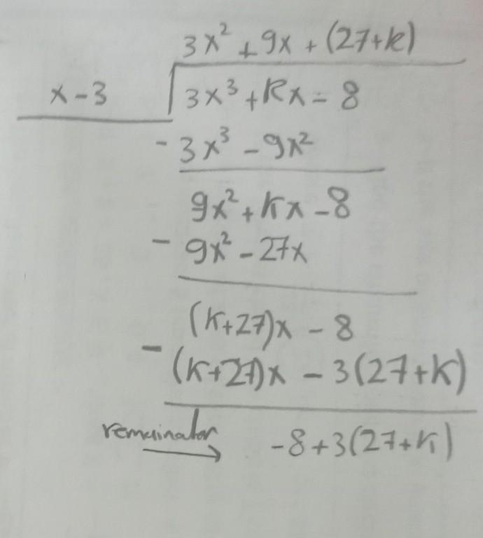 Given f(x)=3x^3+kx-8, and the remainder when f(x) is divided by x-3 is 43, then what-example-1