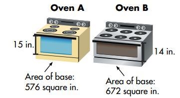 Two ovens have measurements as shown. Which oven has a greater volume? How much greater-example-1