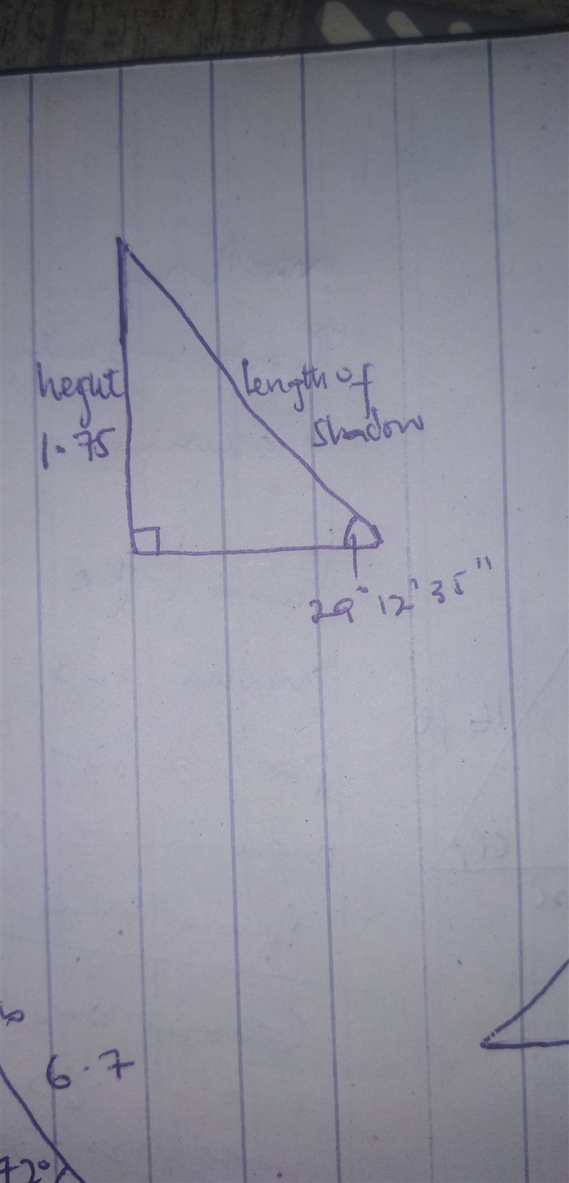 El angulo de elevacion del sol es de 29°12'35''. Calcular la longitud de la sombra-example-1