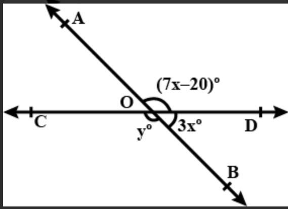 In the figure, AOB and COD are straight lines. Find x and y. E A 20 65 B-example-1