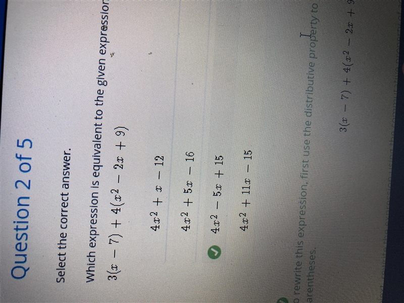 Which expression is equivalent to the given expression? 3(x-7)+4(x^2-2x+9)-example-1