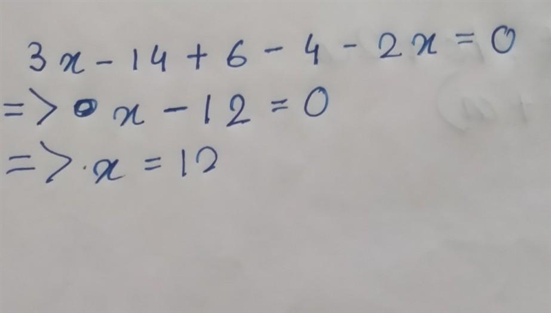 Find x: 3x − 14 + 6 − 4 − 2x = a)12 b)48c)12 d)36 e)24-example-1