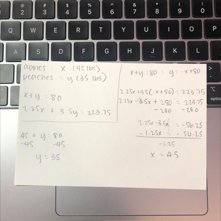 Uncle Larry's farm stand sold a total of 80 pounds of apples and peaches. 2 points-example-1