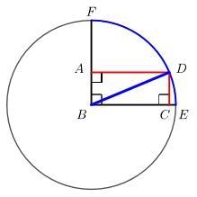 A circle with center B and radius 1cm has three distinct points, F, D and E, on its-example-1