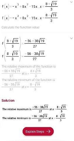 F(x) = -x^3+8x^2-15x Domain: Range: R Rel. Maximum: X=3 Rel. Minimum(s): X2 End Behavior-example-4