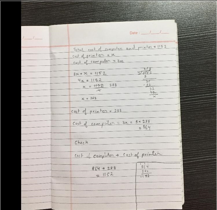 A computer and printer cost a total of 1152. The cost of the computer is three times-example-1