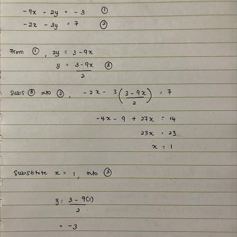 Solve the system of equations - 9x - 2y = -3 and -20 – 3y = 7 by combining the equations-example-1