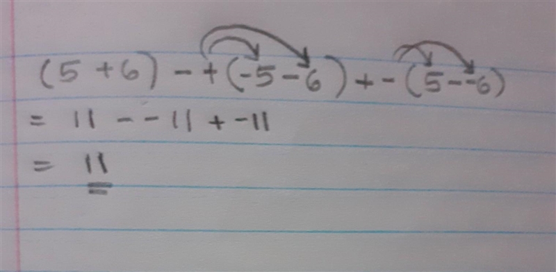 (5 + 6) - + (-5 - 6) + - (5 - - 6) A.21 B.12 C.11 D.18-example-1