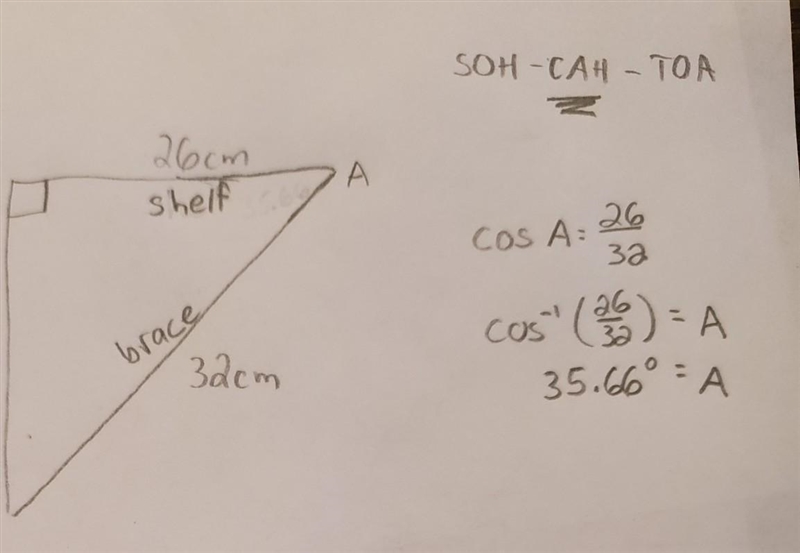 A shelf extends perpendicularly 26cm from a wall. you want to place a 32cm brace under-example-1