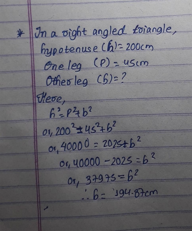 Given the following in a right triangle the hypotenuse is 200 cm and one of the legs-example-1