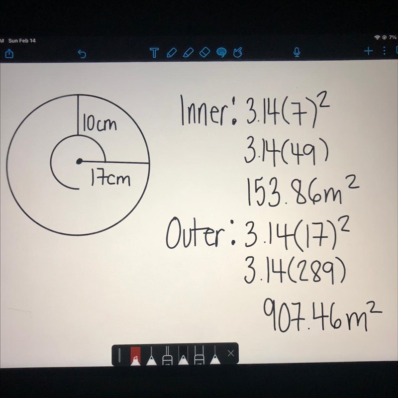 Find the area of the inner and the outer circles, shown in the figure below. Use 3.14 for-example-1