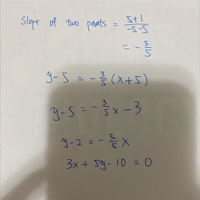 Write an equation of the line that passes through the points (5, -1) (-5, 5)-example-1