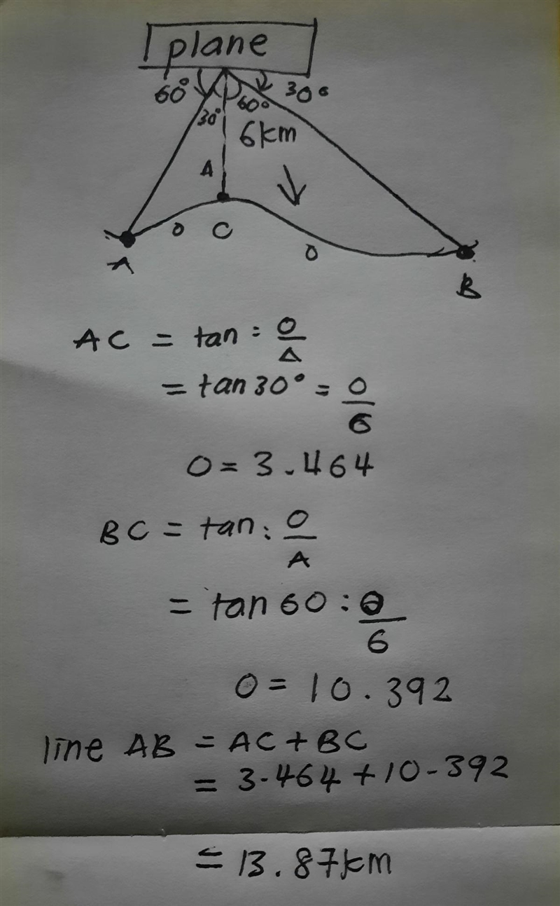 A plane is flying at an altitude of 6 km directly over the line AB. It spots two boats-example-1