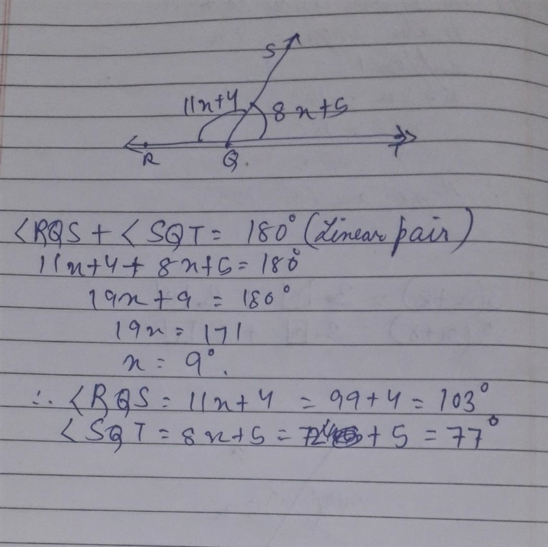 <RQT is a straight angle. What are m<RQS and m<TQS? (also I know it's 19x-example-1