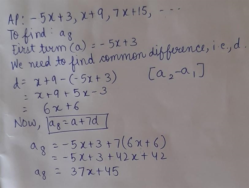 Find the 8th term of the arithmetic sequence -5x+3, x+9, 7x+15,…-example-1