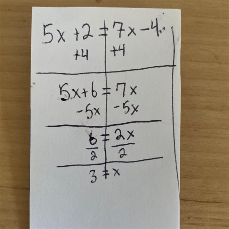 Solve fox using the equation: 5x + 2 = 7x - 4. Write your answer as "x=?&quot-example-1