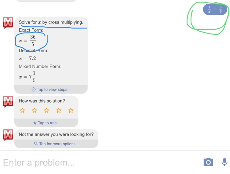 What is the answer to 4 over x = 5 over 9-example-1