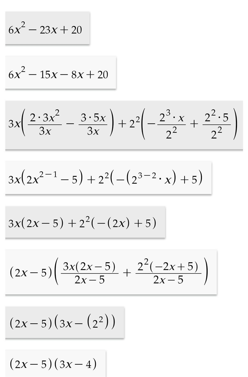 Factor the Trinomial 6x^2 -23x +20 (And please show the work/steps.)-example-1