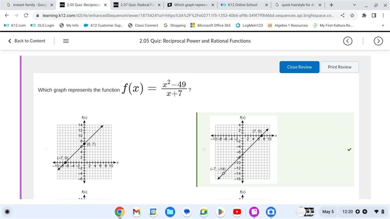 Which graph represents the function f(x)=x2−49/x+7 IS MY ANSWER CORRECT????-example-1