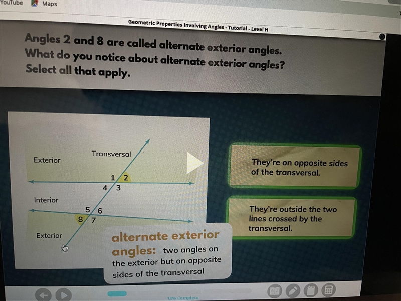 Angles 2 and 8 are called alternate exterior angles what do you notice about alternate-example-1