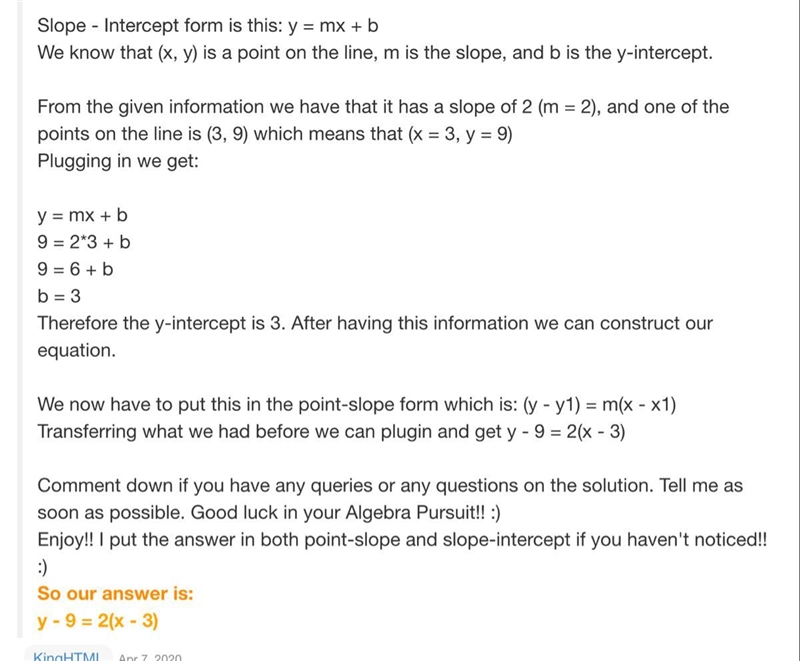 A line with a slope of 2 passes through the point (3, 9). Write an equation for this-example-1