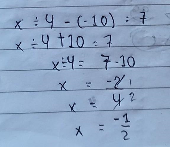 X divided by 4 subtracted by -10 equals 7 what is x (c/4 -10=7)-example-1