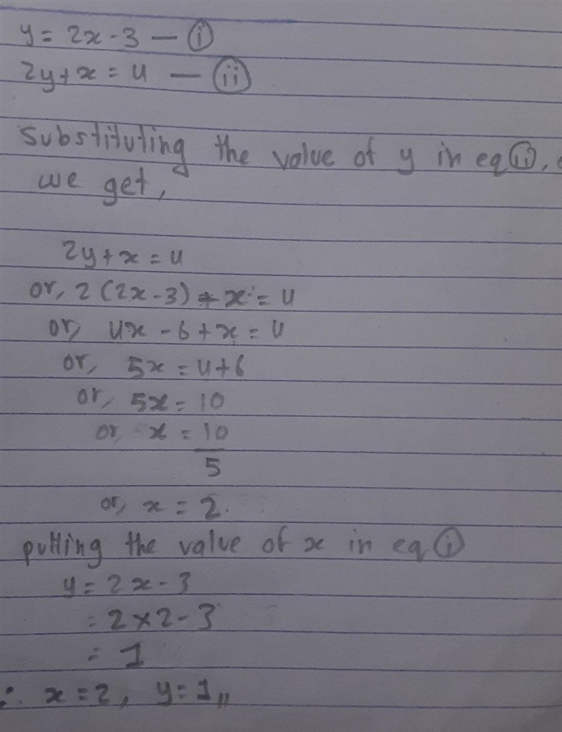 Solve simultaneously : a) y=2x-3 2y+x=4​-example-1