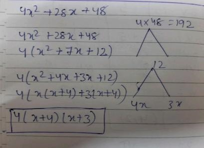 What is the factorization of the trio mail below? 4x^2+28x+48-example-1