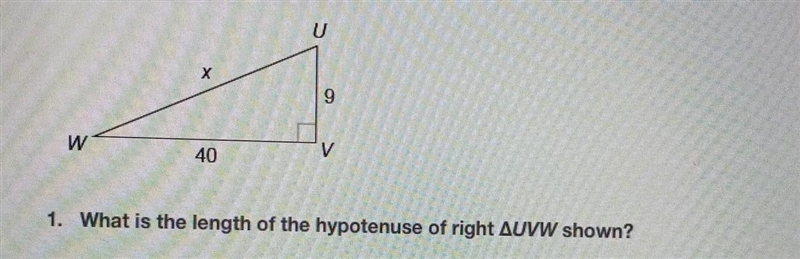 What is the length of the hypotenuse of right UVW shown?-example-1